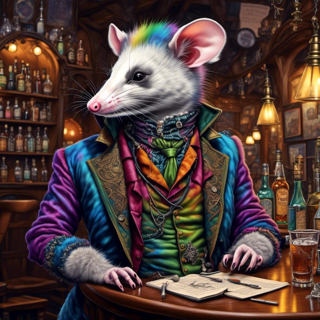 Victorian Opossum Bartender in Detailed Fantasy Art