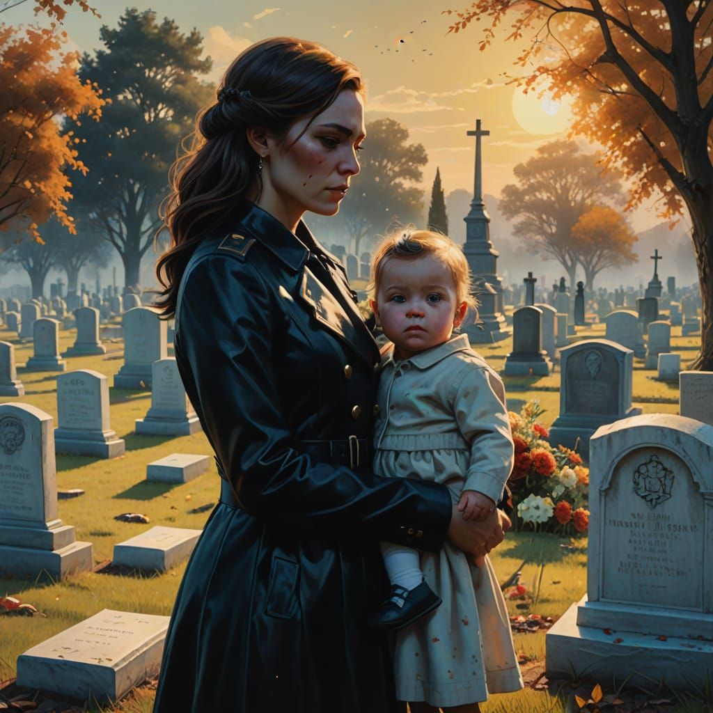 Emotional Memorial: Widow and Baby in Cemetery