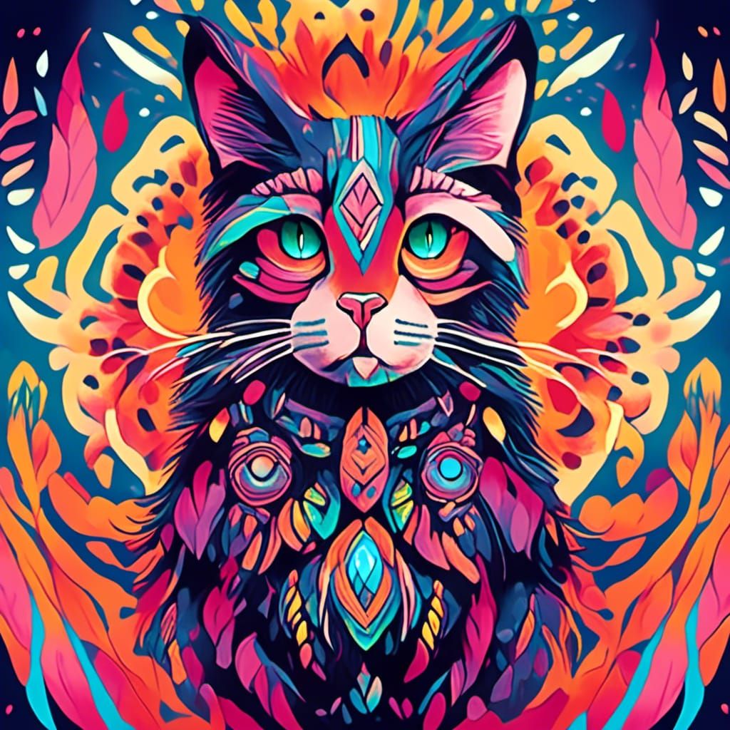 Psychedelic Tribal Shaman Cat with Geometric Elements