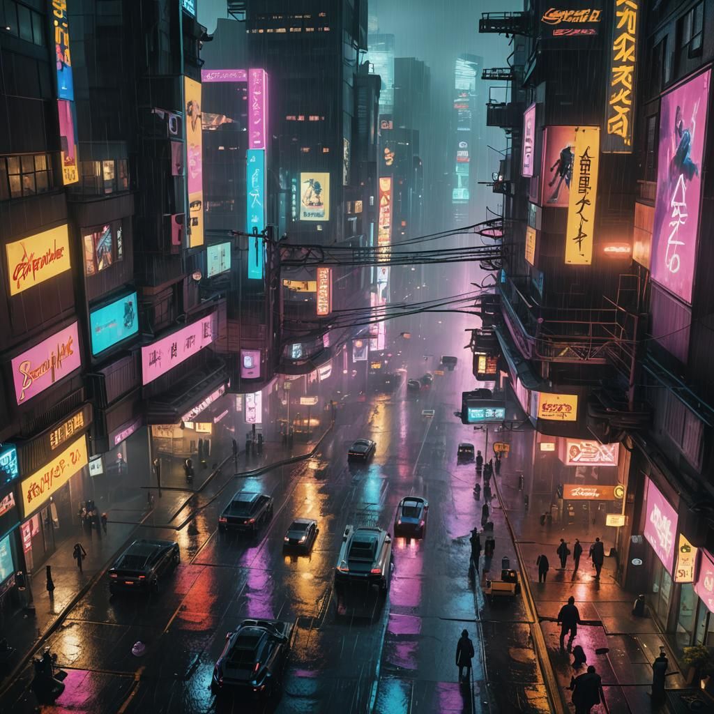 Cyberpunk Cityscape with Flying Cars and Neon Lights