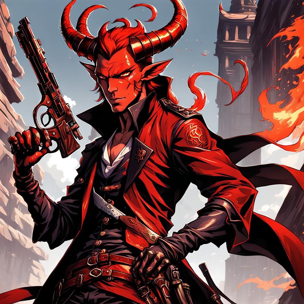 Red-Skinned Tiefling Gunslinger in Anime Style