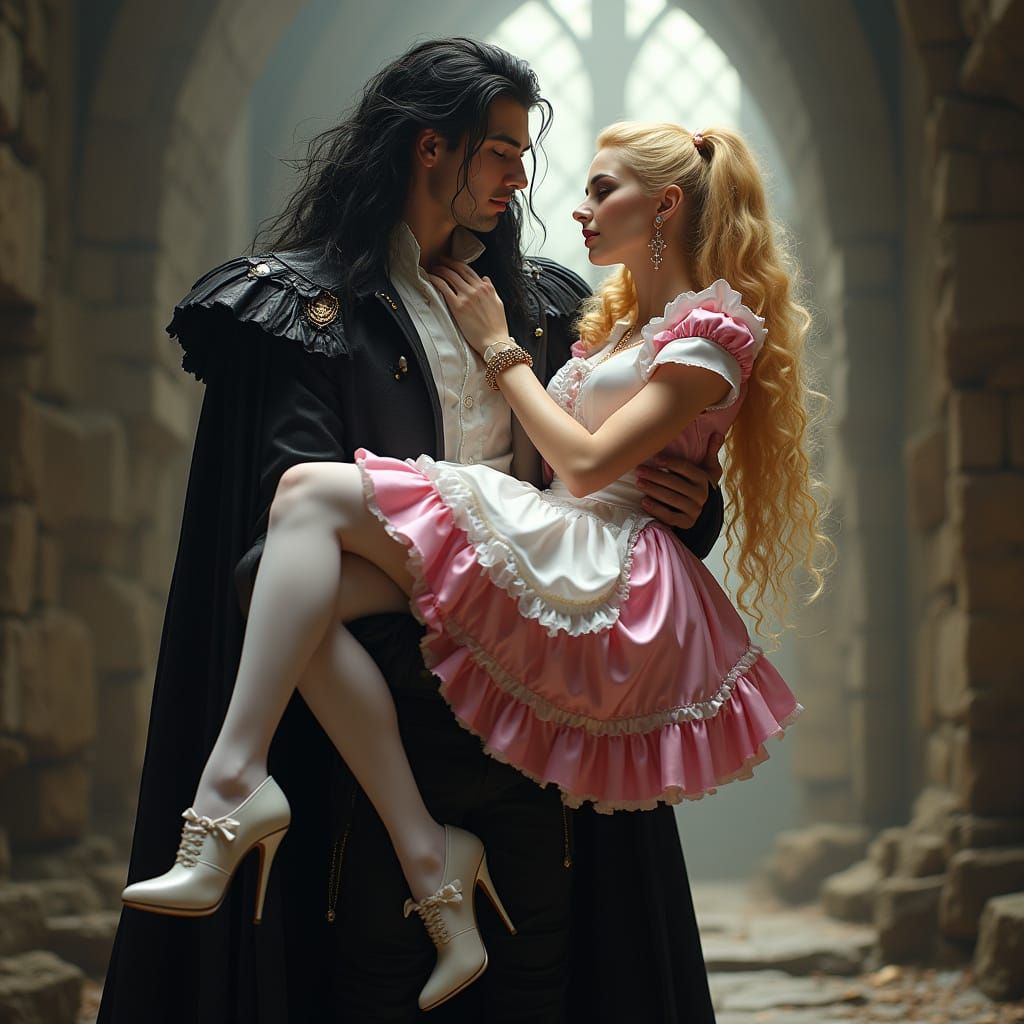 Dark Vampire King Carries Blonde French Maid in Castle Dunge...