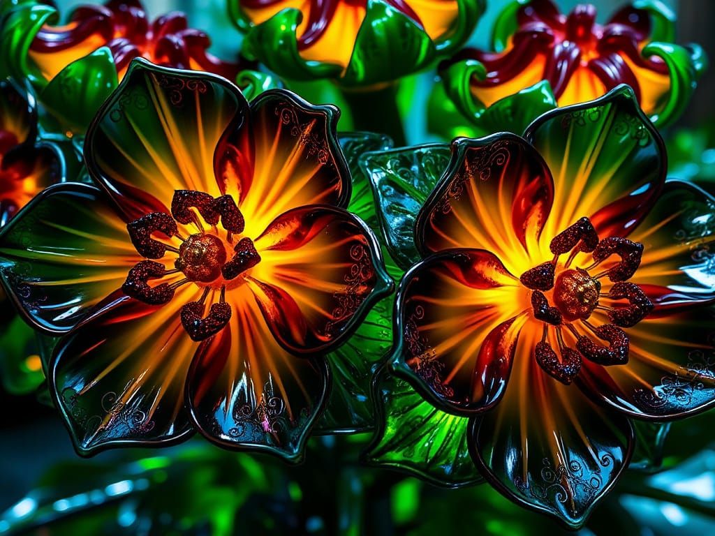 Ornate Glass Flowers in Emerald, Sapphire and Amethyst