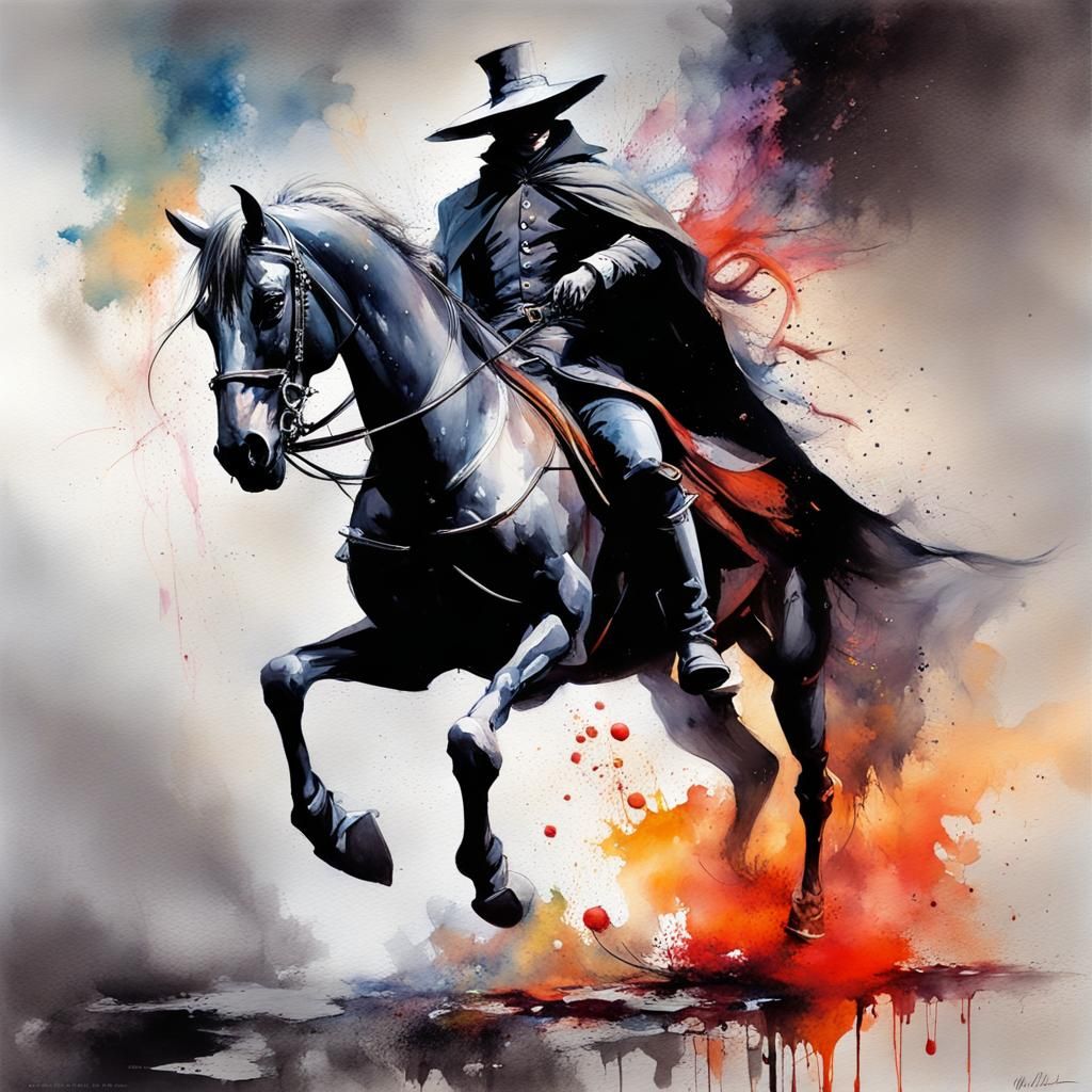 Surreal Headless Horseman Watercolor with Splatter Effects