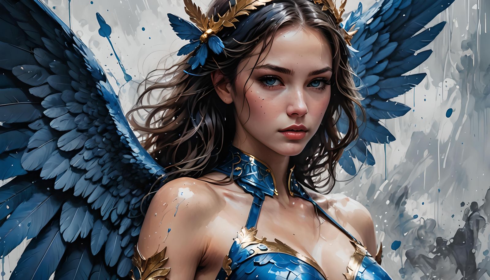 close up portrait of beautiful blue angel, stunning wings, pretty body, pretty legs, perfect face, Wadim Kashin, James G...