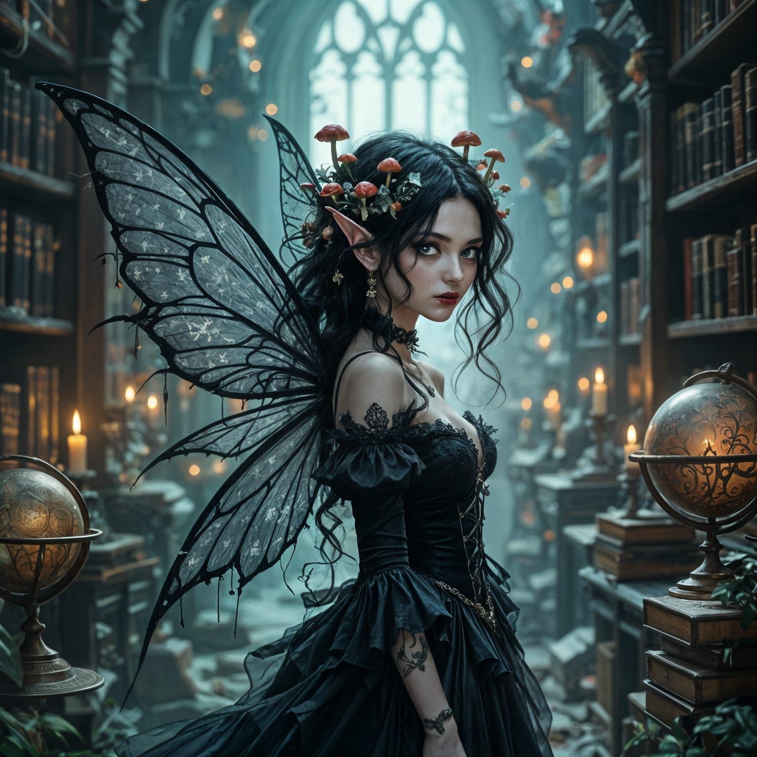 Goth Fairy in Dark Academia Library