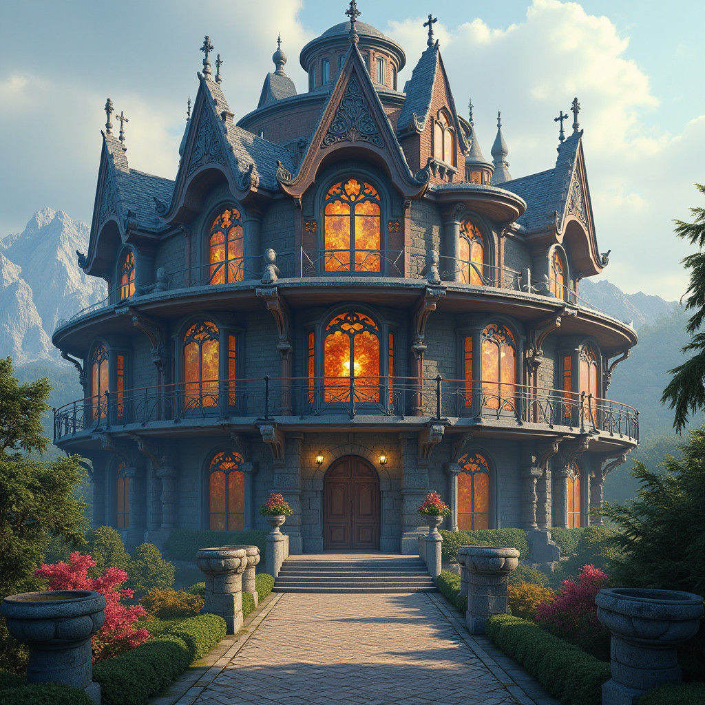 Gothic Palace with Stained Glass Windows in Fantasy Style