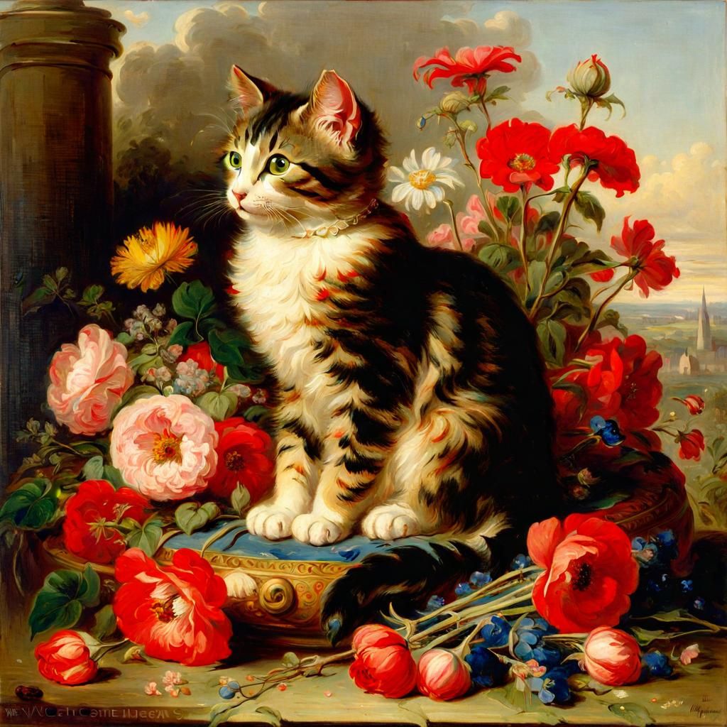 Cute Cat with Flowers in a Realistic Style
