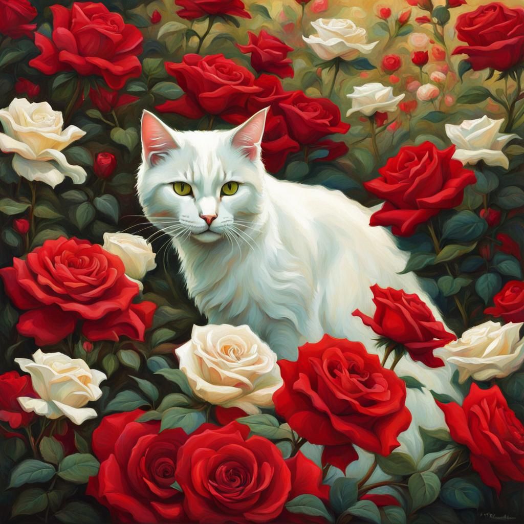 White Cat Among Red Roses in Anime Style