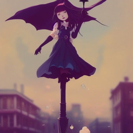 Anime Magical Girl on Street Lamp, Digital Art