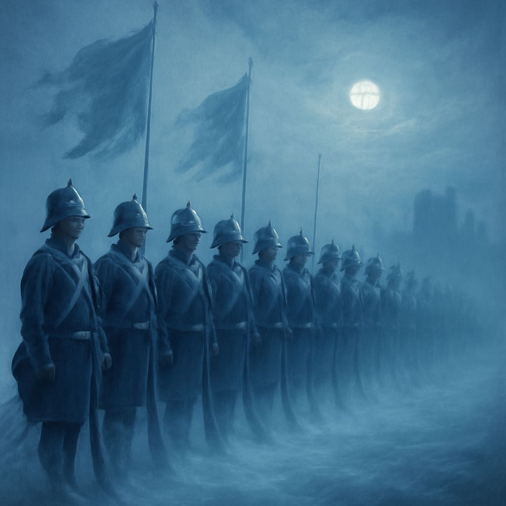 Prussian Soldiers in Dreamlike Fog as Oil Painting