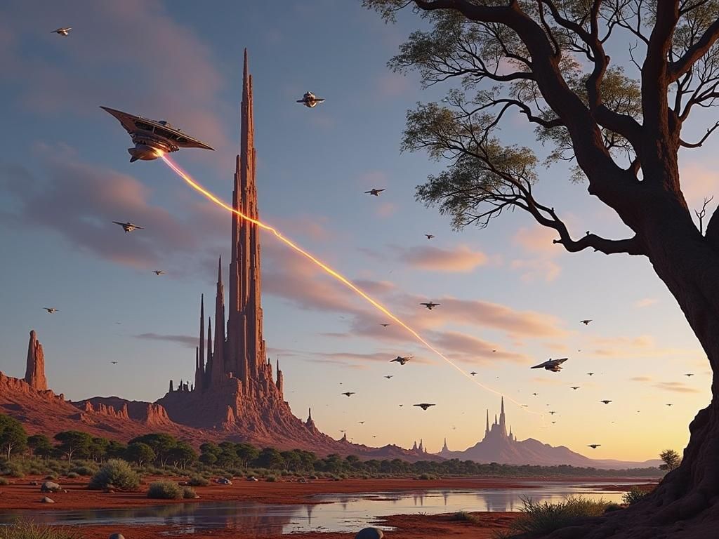 Alien Spire on Mars with UFO Battle, Sci-Fi Art