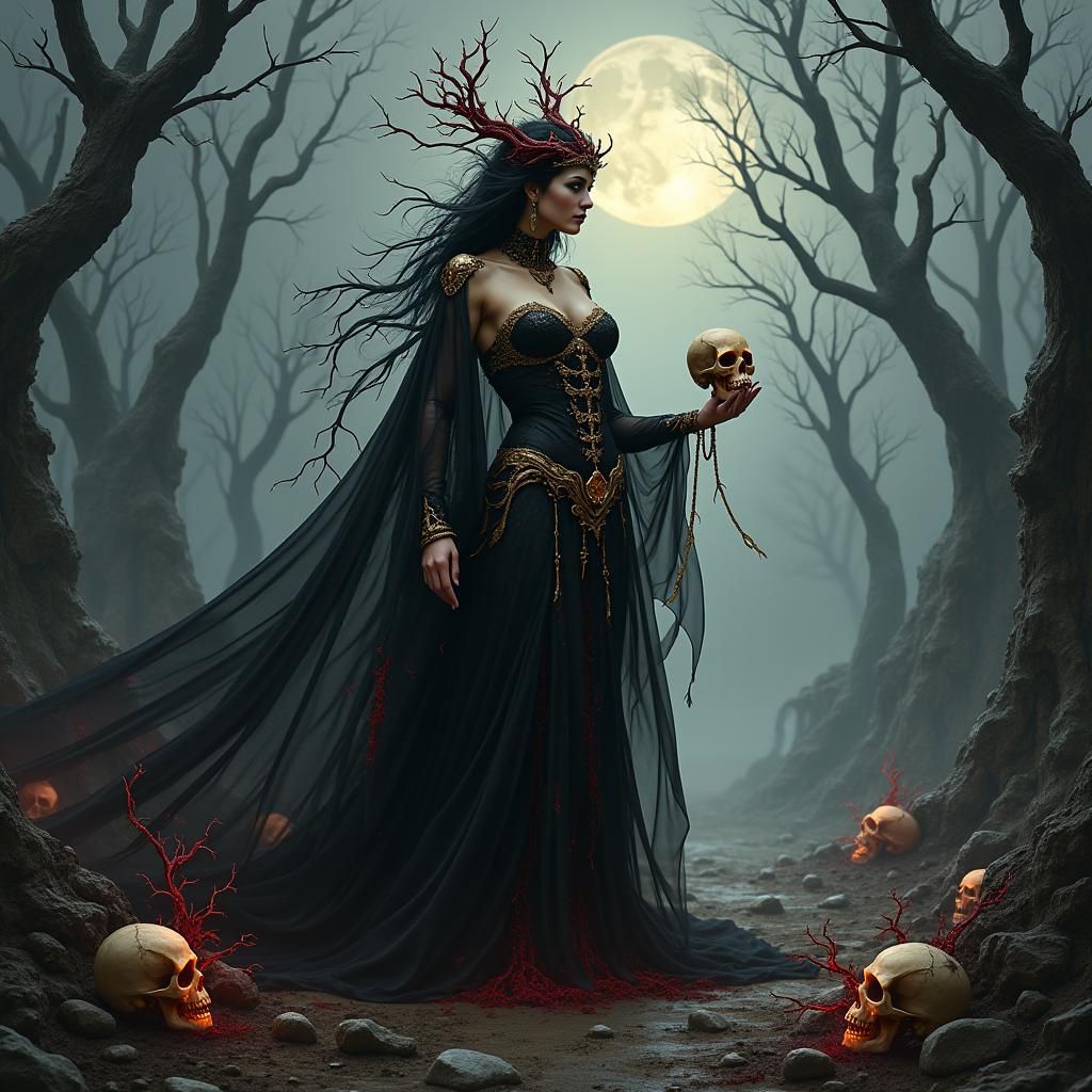 Gothic Death Goddess in Barren Forest