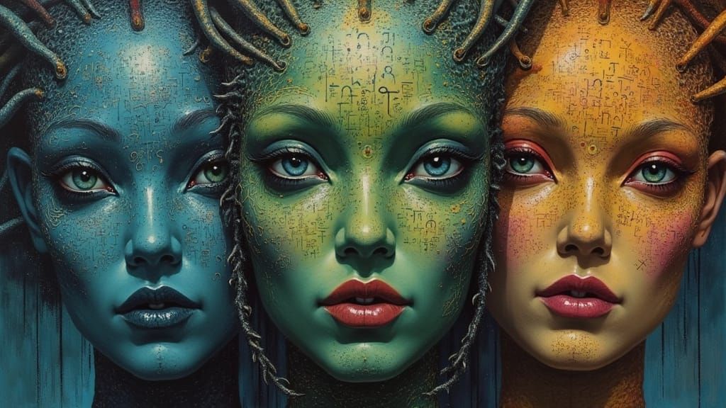 Exotic Alien Faces in Surrealist Sci-Fi Style