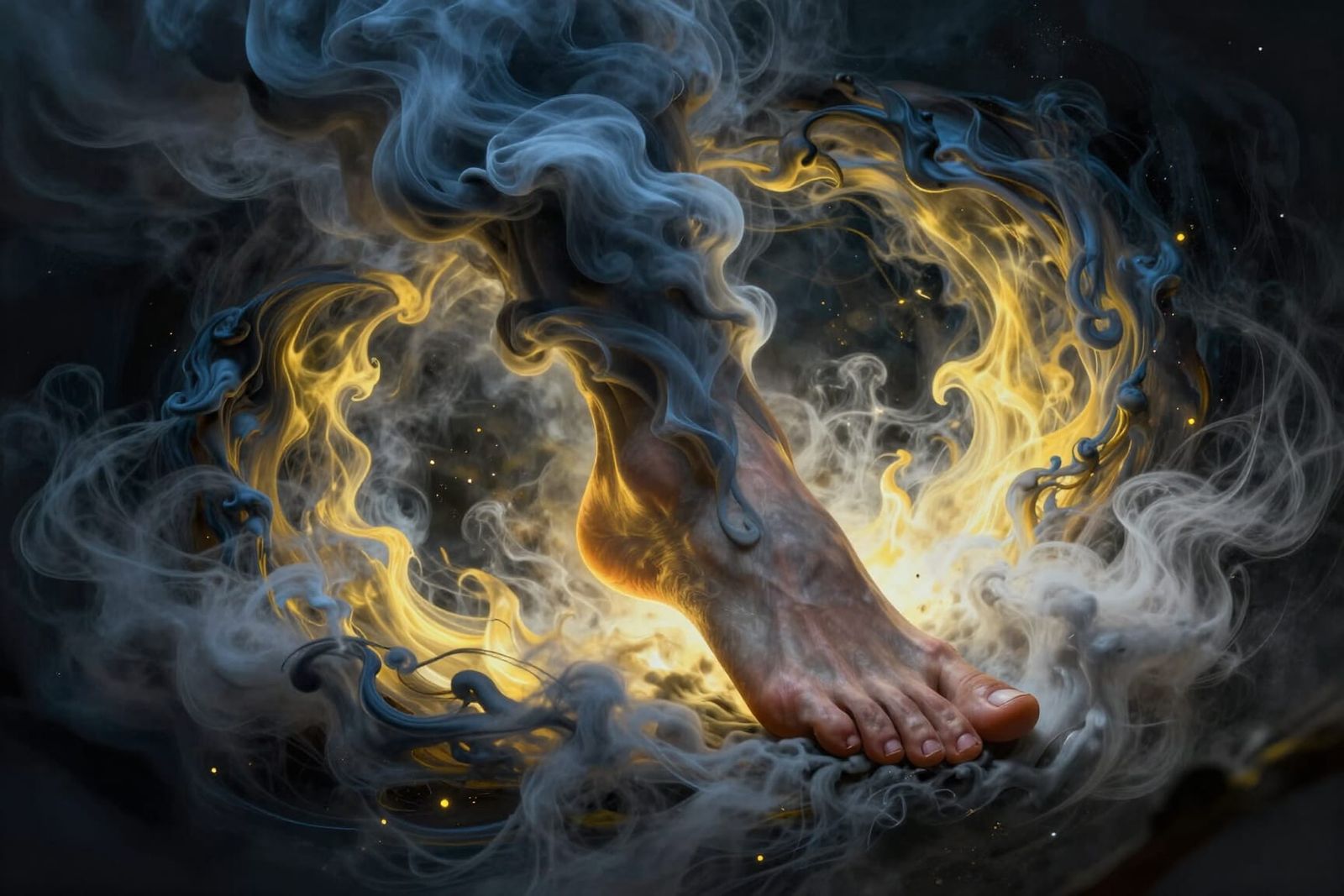 Giant Bare Foot Emerges From Swirling Celestial Smoke