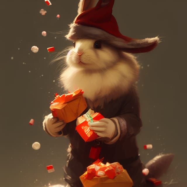 Cute Rabbit in Santa Hat, Hyperrealistic Art