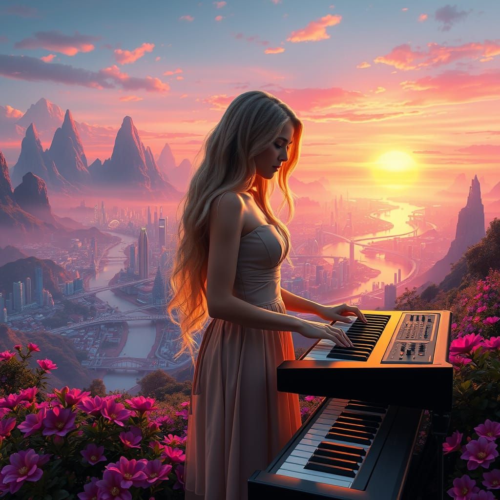 Futuristic City Sunset with Keyboard Player
