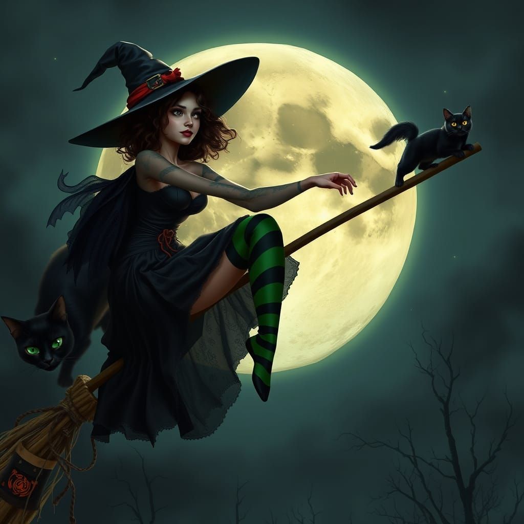 Witch Flying on Broom with Black Cat Under Full Moon