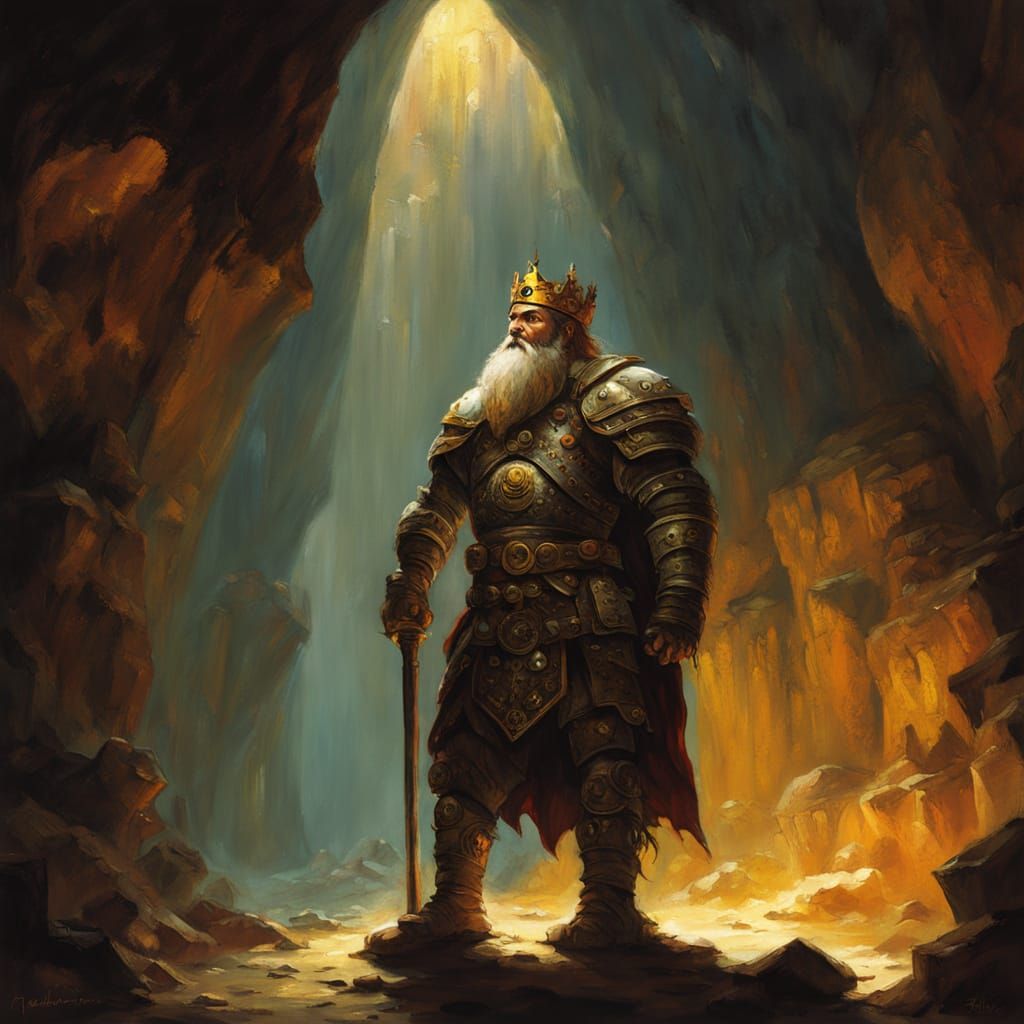 Dwarf King in Torchlit Cavern Hall Oil Painting