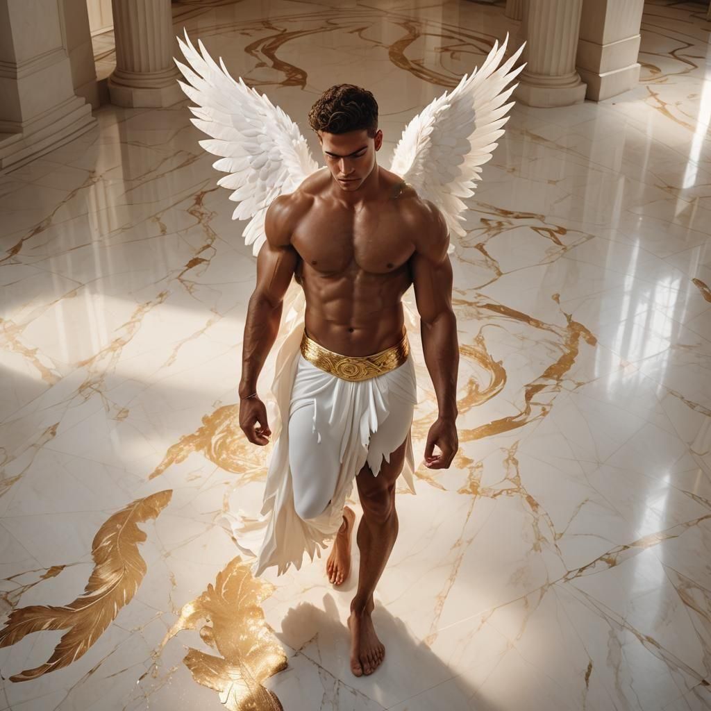 Winged Bodybuilder on Marble Floor