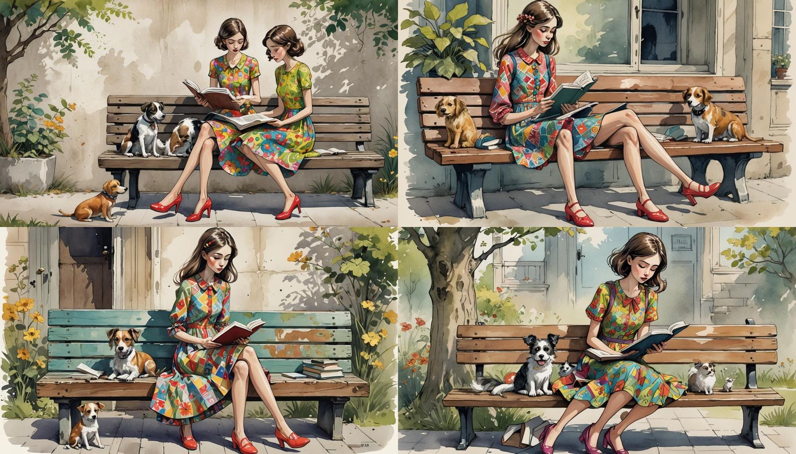 Girl Reading to Dog in Spring Park Illustration