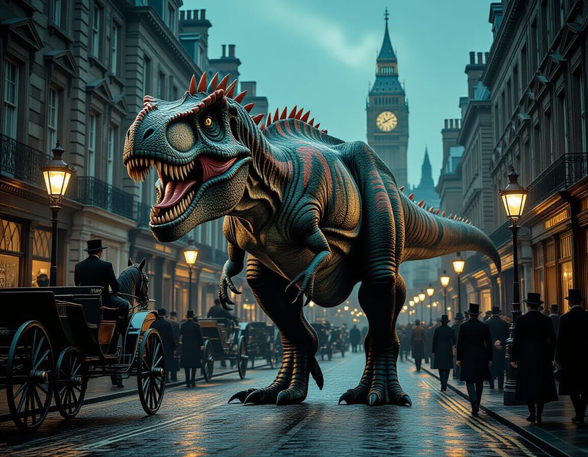 T-Rex in Victorian London as Oil Painting