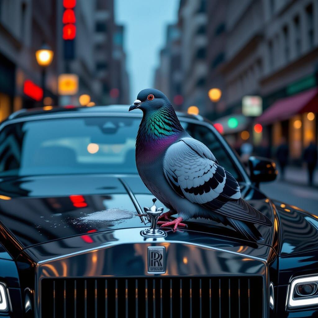 "A humorous and exaggerated scene showing a pigeon sitting o...