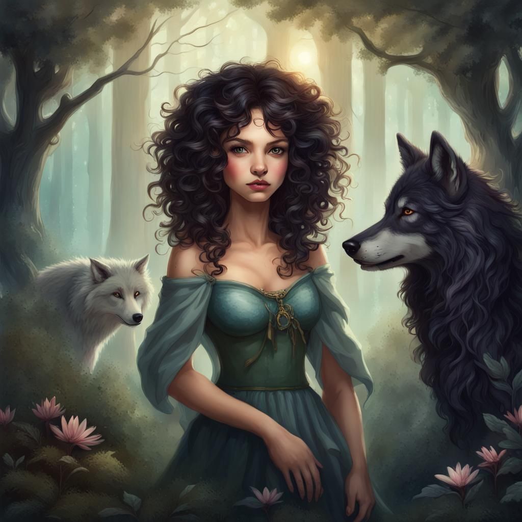 Fairy with Wolf in Enchanted Forest