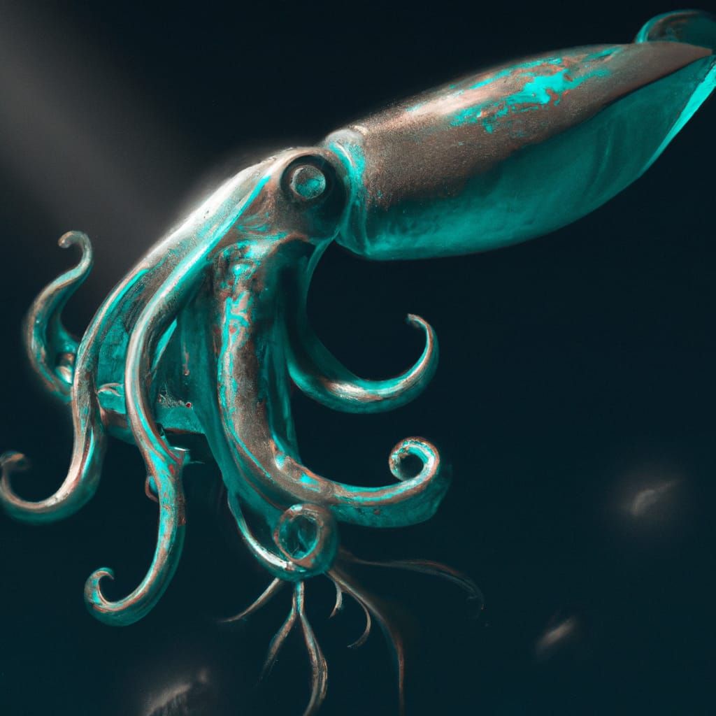 Metallic Squid in Bioluminescent Abyss: Digital Illustration