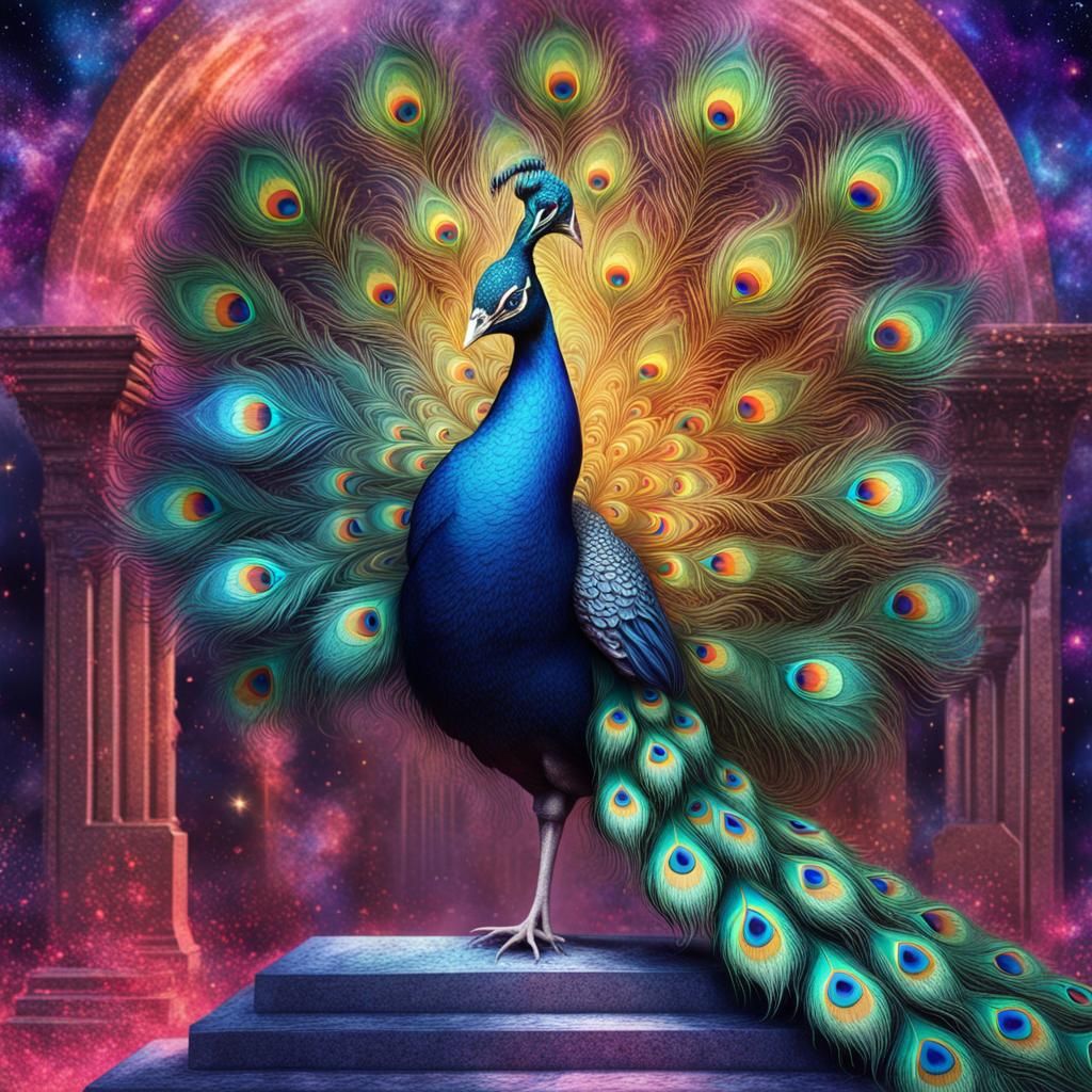 Vibrant Peacock in Graveyard: Holographic Astral Illustratio...