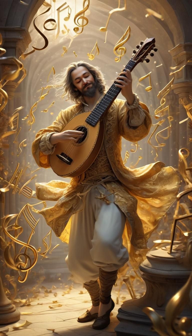 Fantasy Bard Playing Lute with Golden Notes