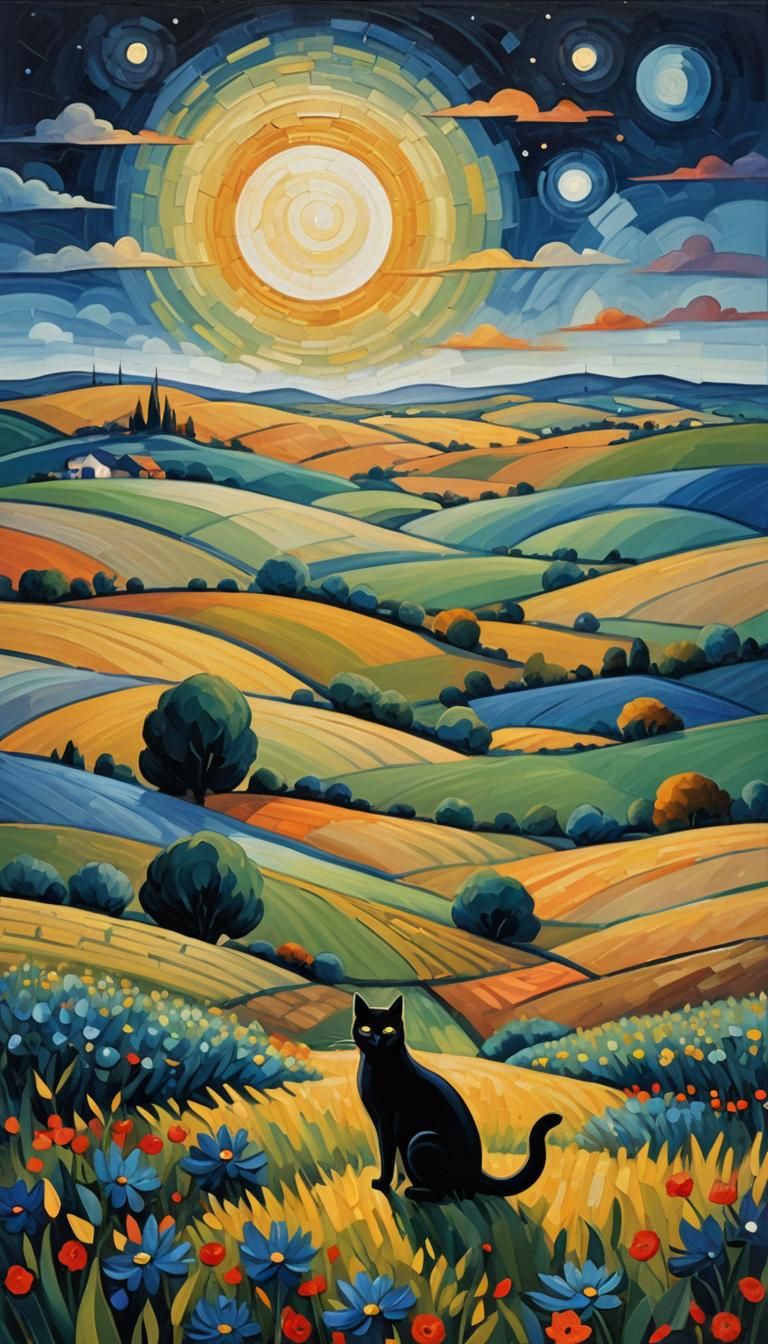 Black Cat in Field: Fauvist Oil Painting