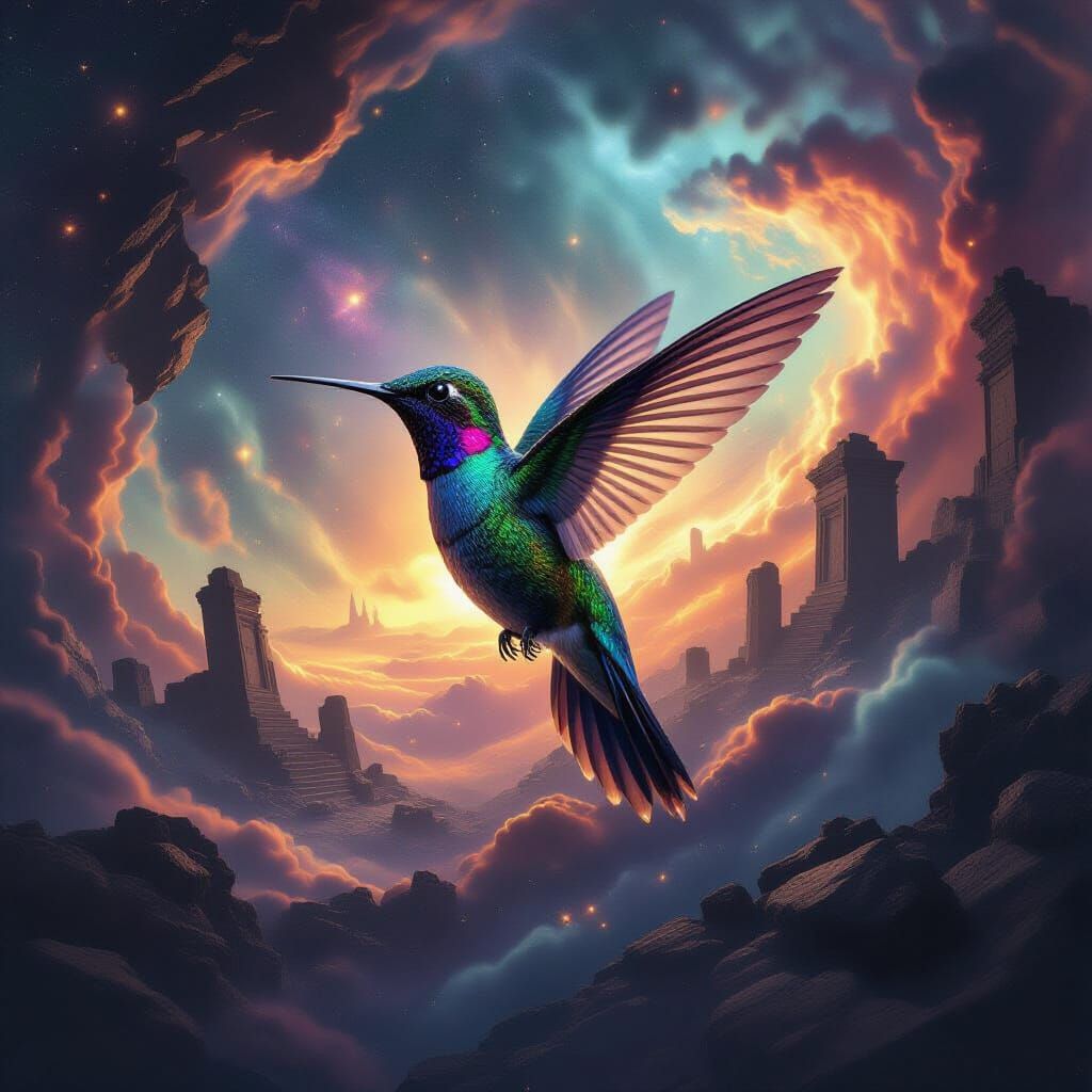 Majestic Hummingbird in Cosmic Vortex, Biomechanical Surreal...