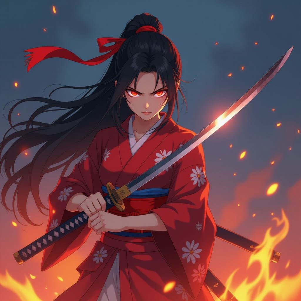 Anime Female Warrior with Katana in Fiery Scene