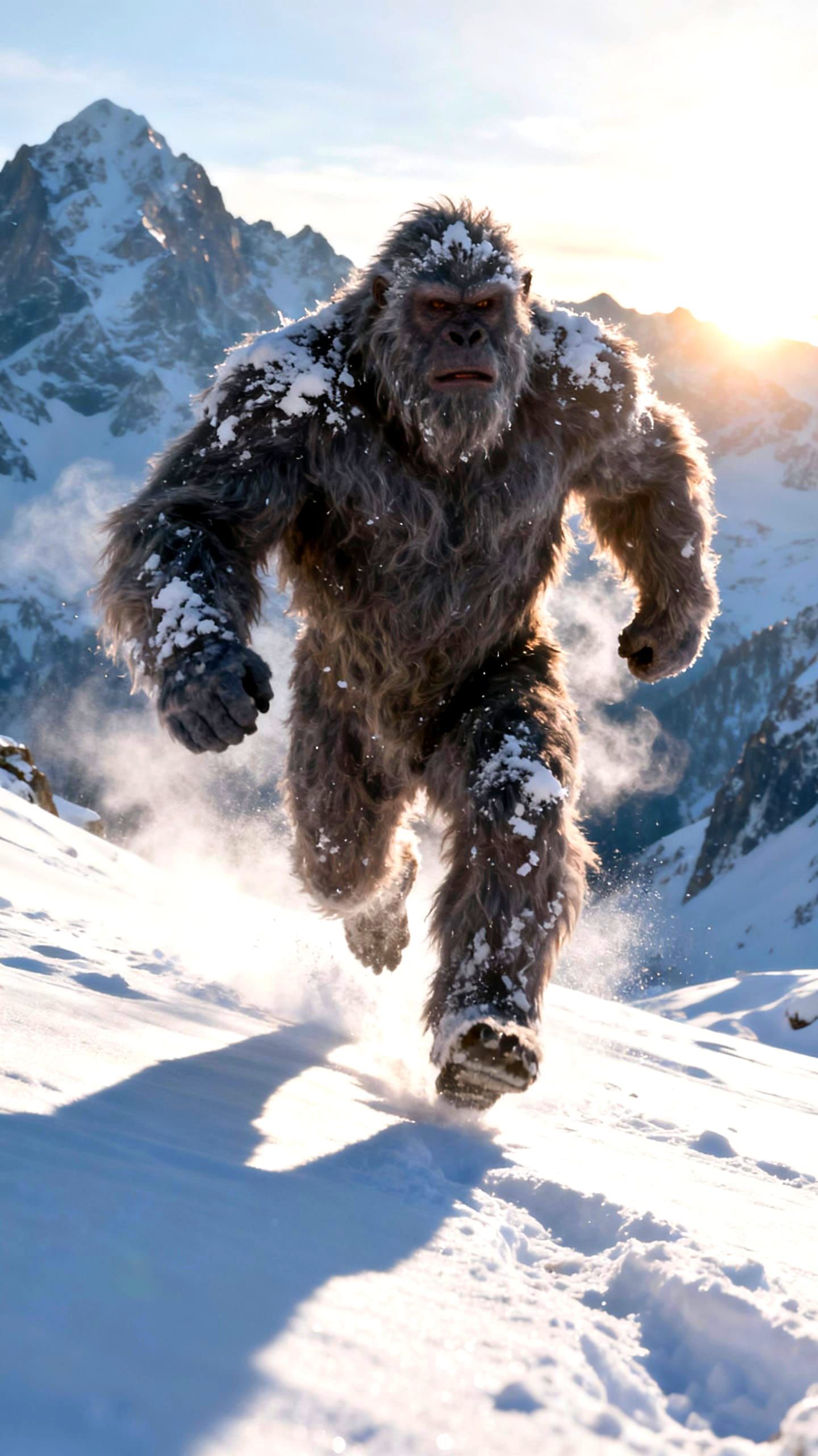 Yeti Running Through Snowy Alps
