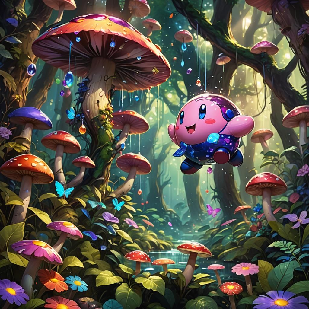 Kirby in Whimsical Forest: Art Nouveau Style