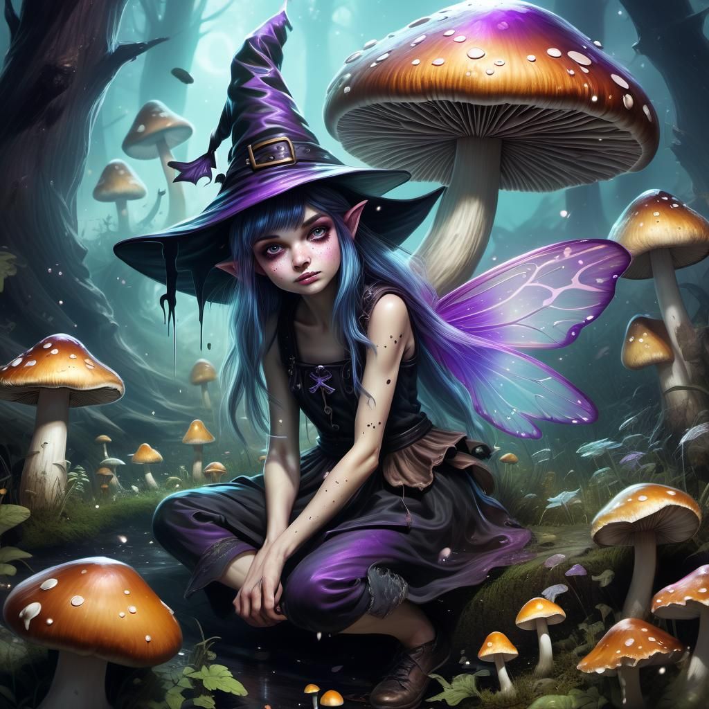 Mushroom Fairy Witch in Dark Fantasy Style