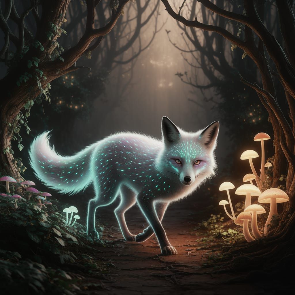 Ethereal Spirit Fox in Bioluminescent Forest