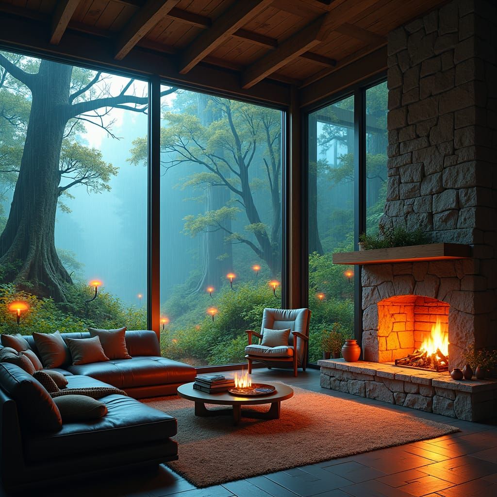 Cozy Forest Cabin Interior in Rain, Digital Matte Painting