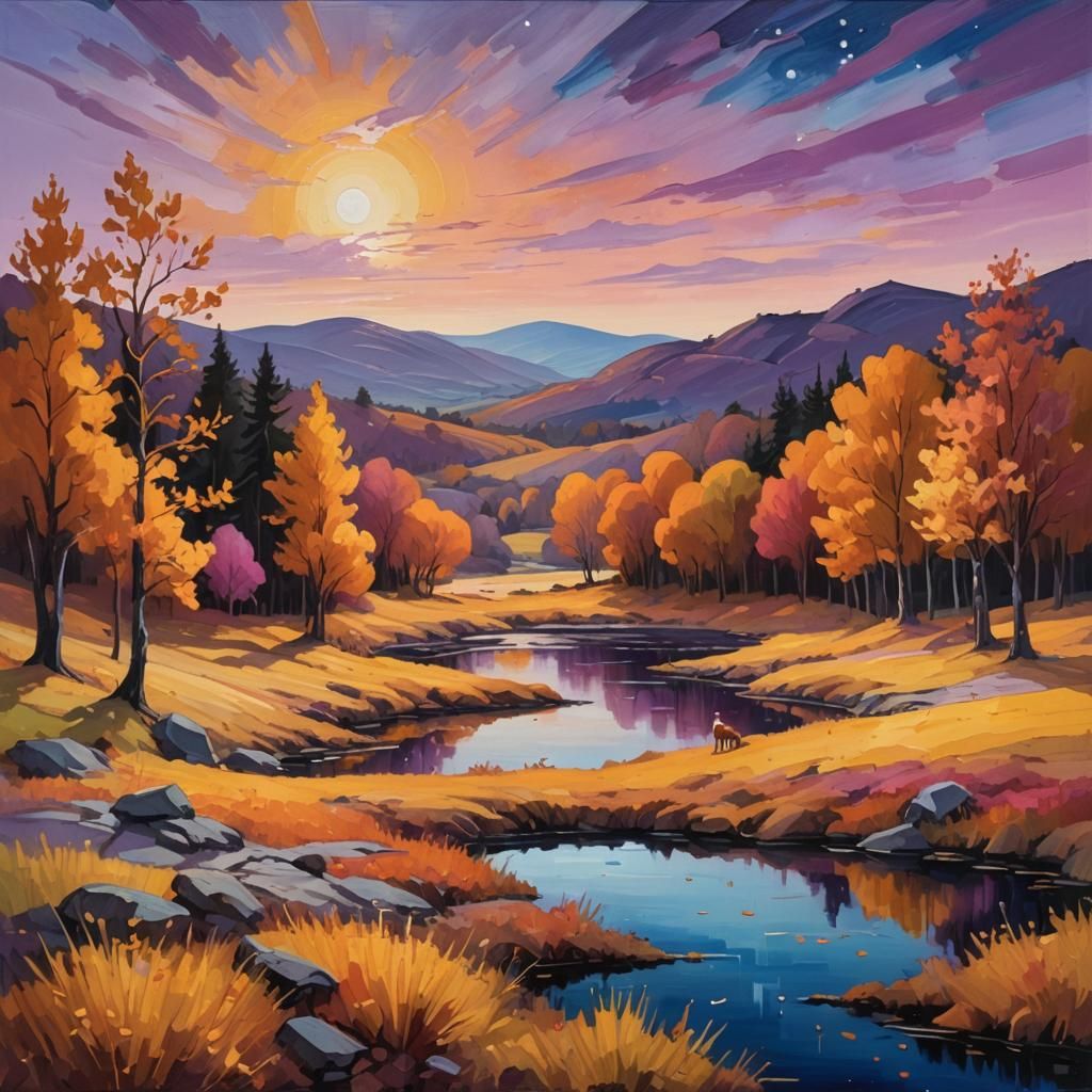 Expressionist Autumn Landscape with Fox, Oil on Canvas