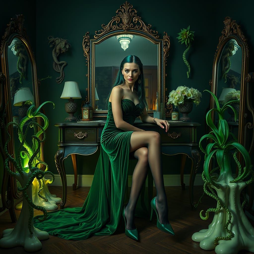 Surreal Nature's Messenger in Dark Fantasy Boudoir