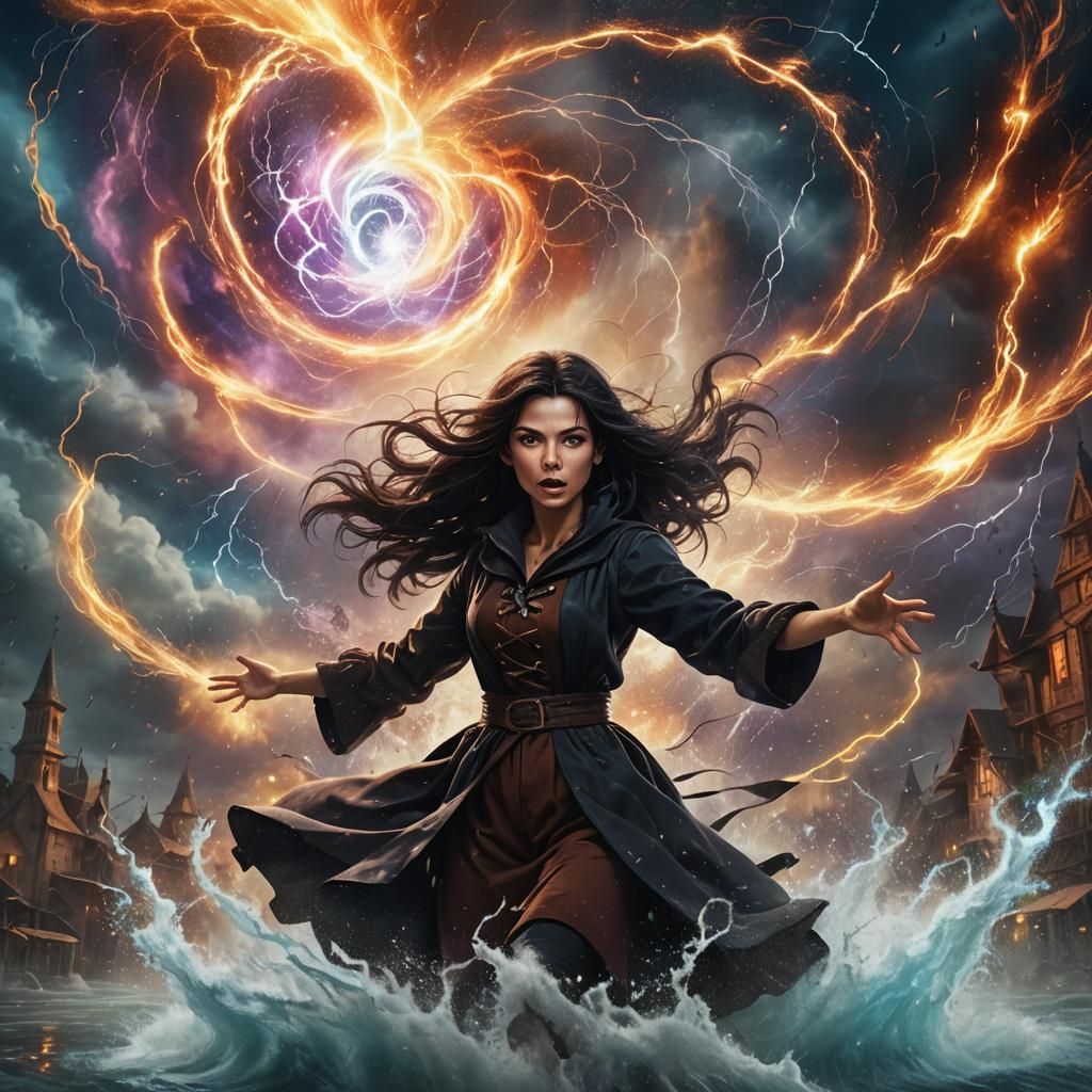 Young Witch Controlling Elements in Fantasy Landscape