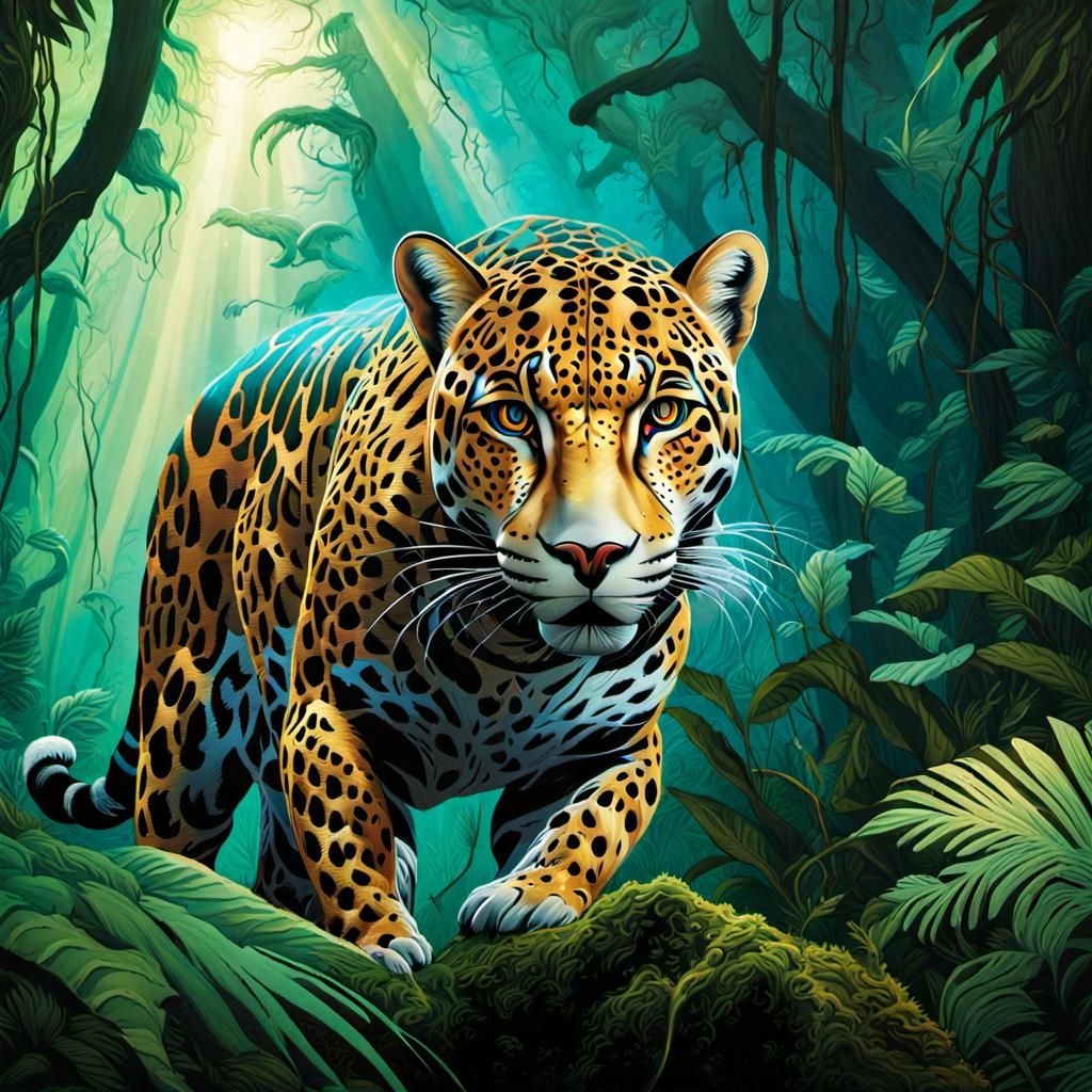 Jaguar-Predator Hybrid with Bioluminescent God Rays