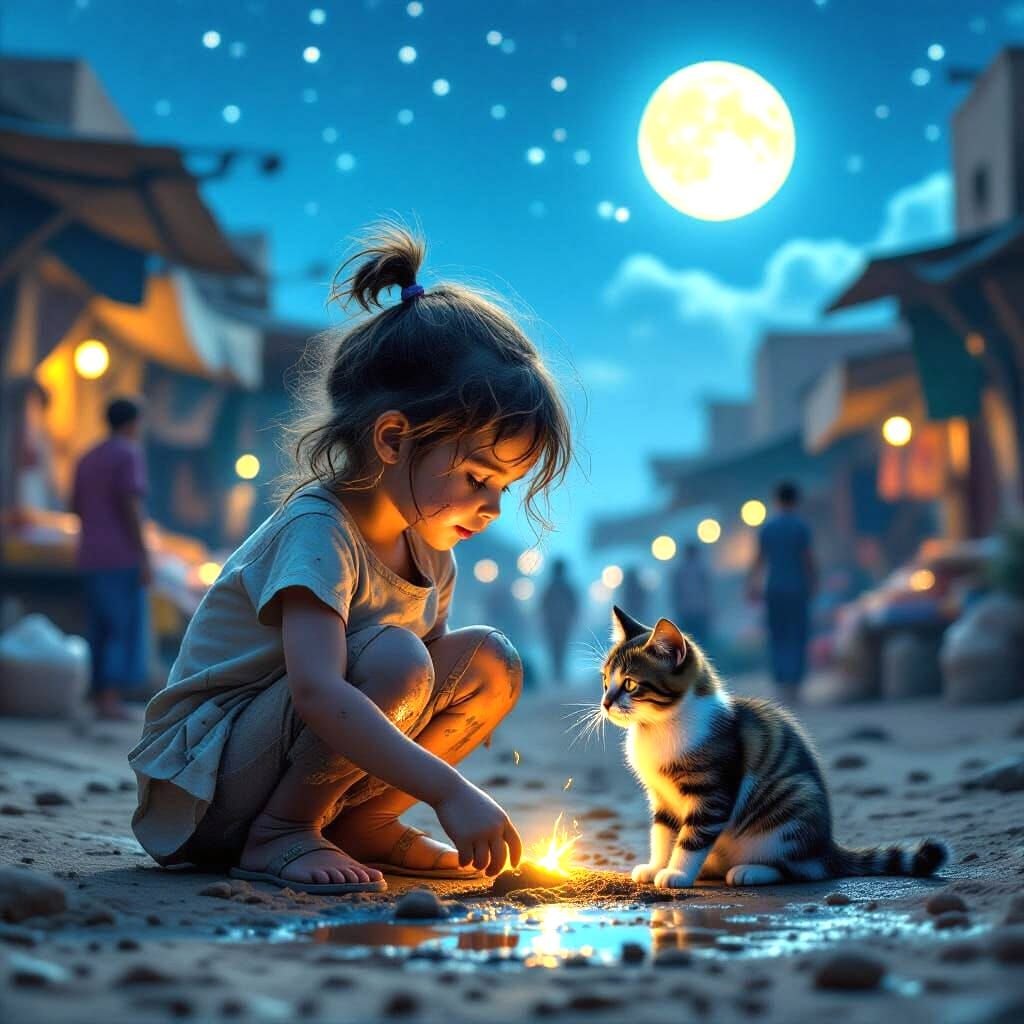 Girl and Cat in Egyptian Market at Night