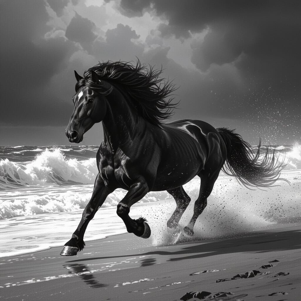 Friesian Horse Galloping on Stormy Beach in B&W