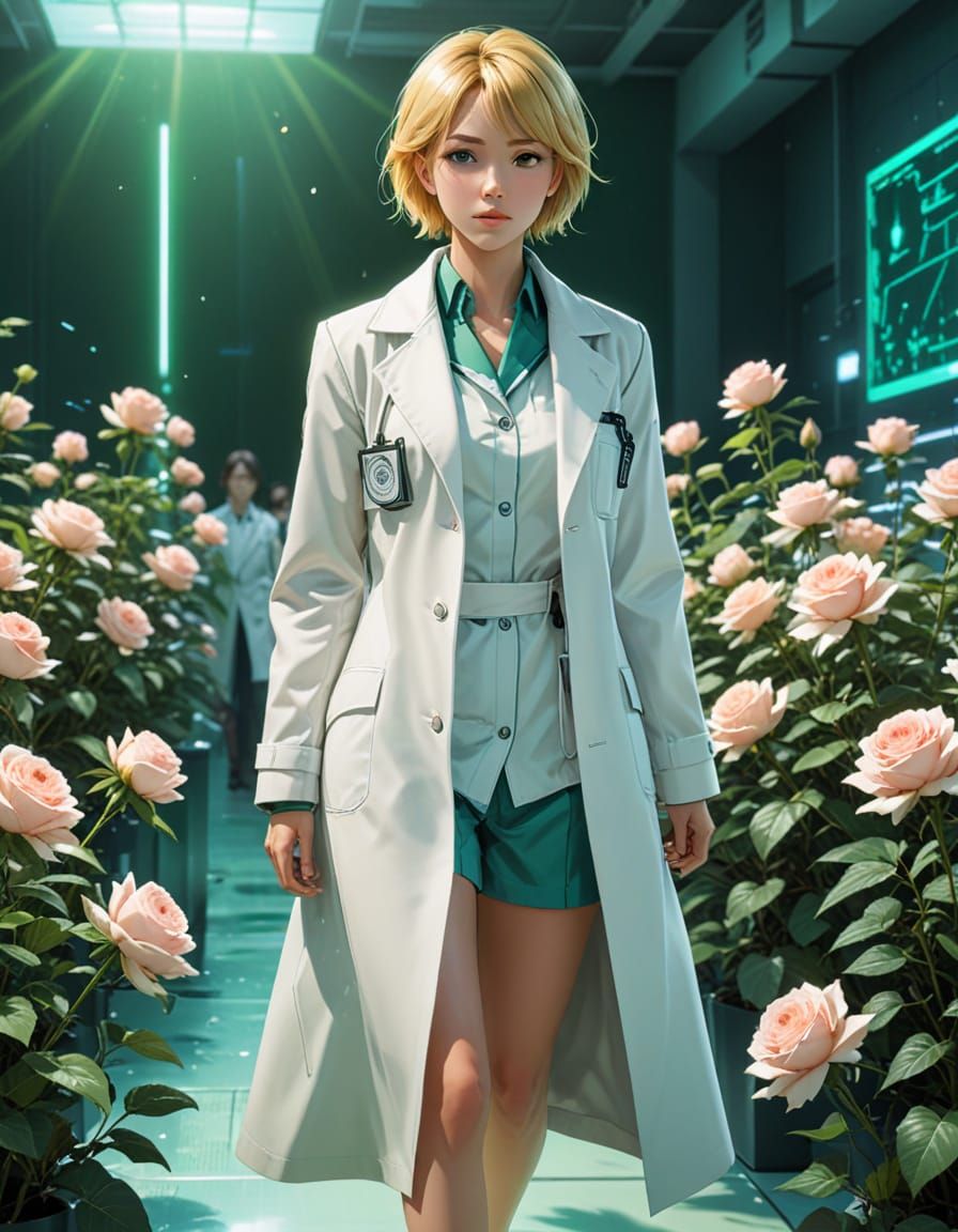 Blonde Doctor in Cyberpunk Anime Room