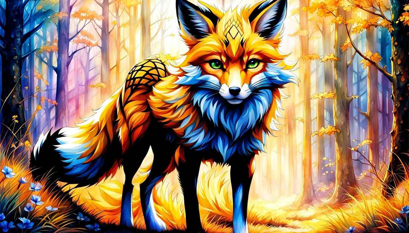 Fairytale Golden Fox in Watercolor Art Style