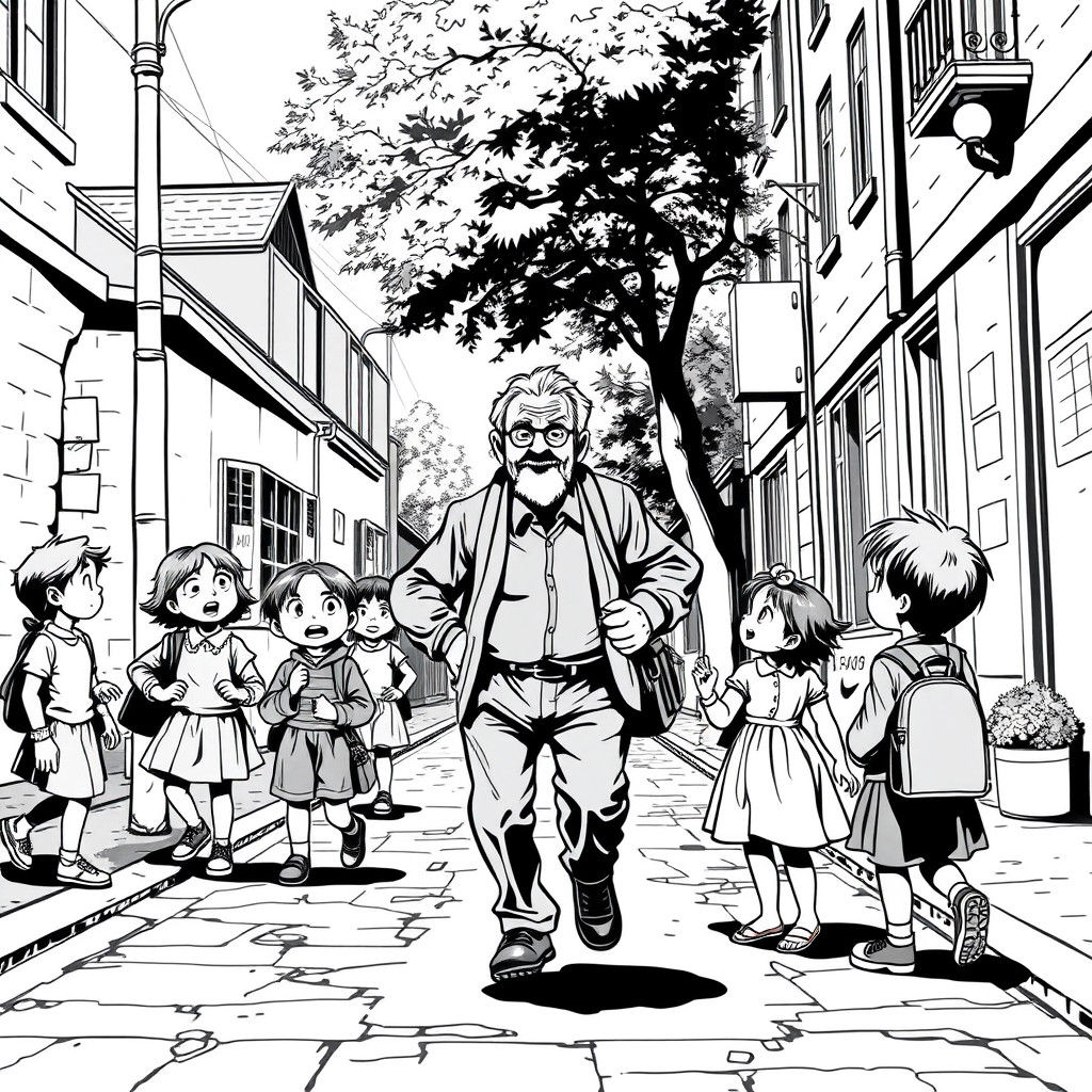 Joyful Elderly Man Skips in Black and White Comic