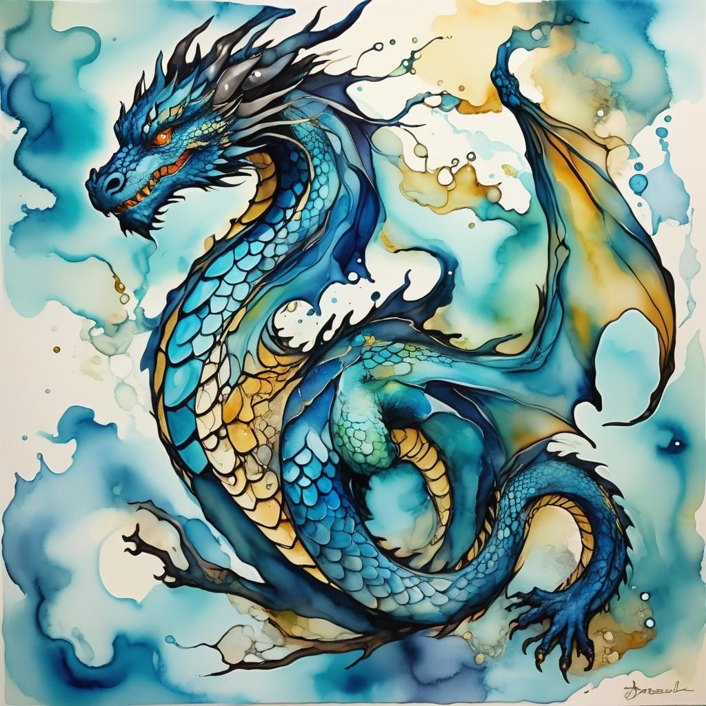 Blue Dragon in Alcohol Ink Style