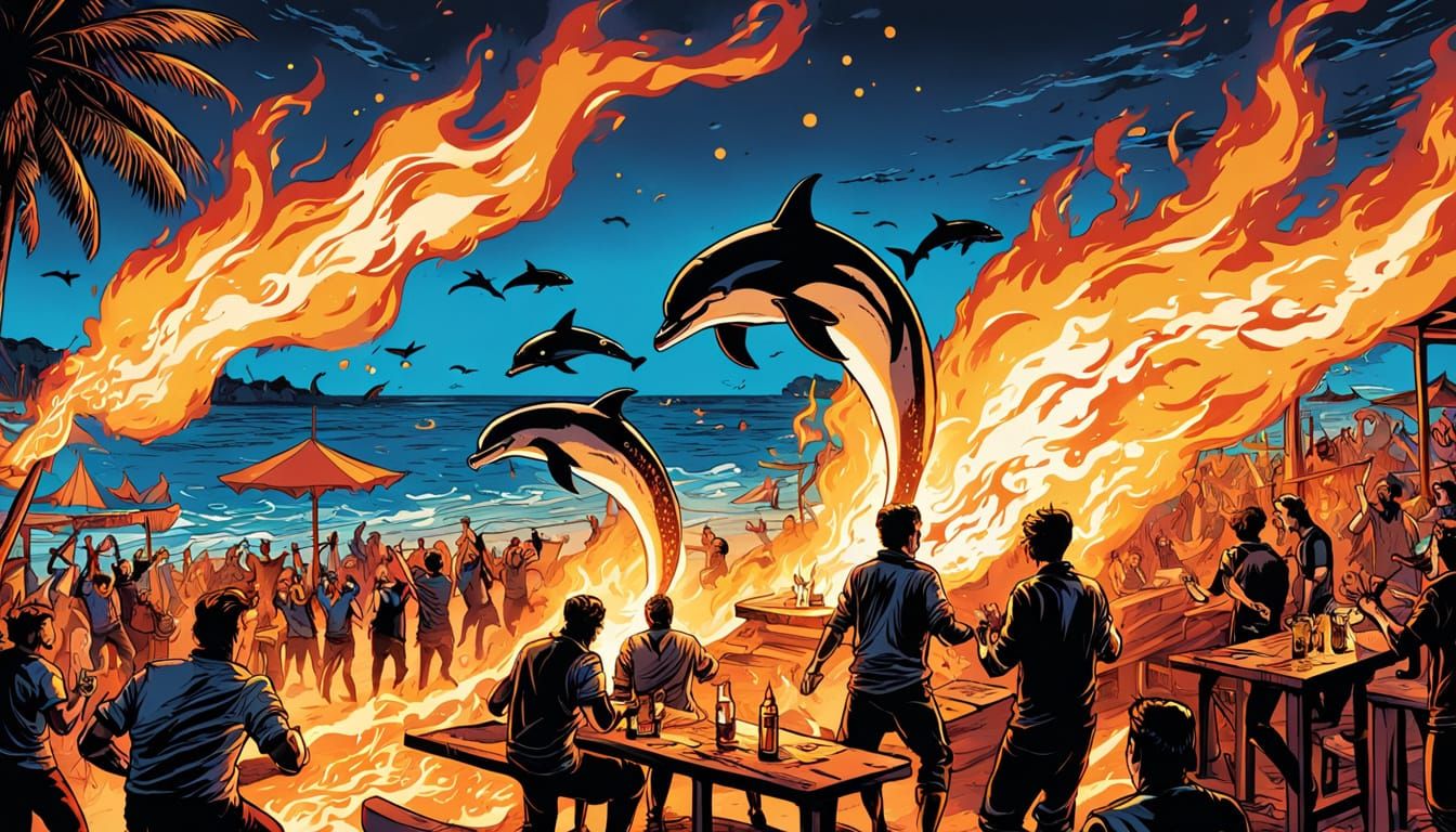 Summer Bar Fire Show in Comic Book Style